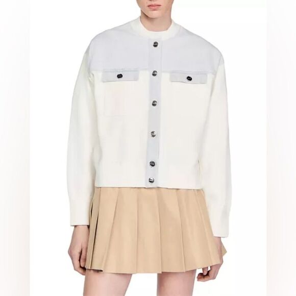 Sandro Tedy Color Blocked Top knit and denim jacket size medium NWT - Picture 1 of 6